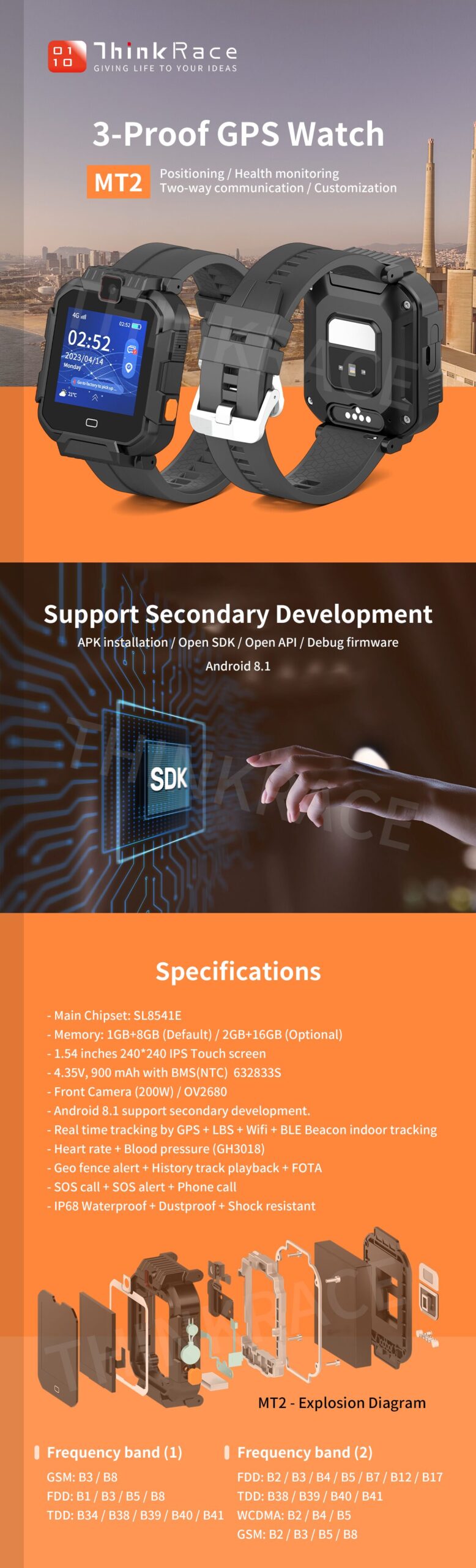 3-Proof GPS Watch GPS Location&Health Monitoring Sports Smart Bracelet-MT2